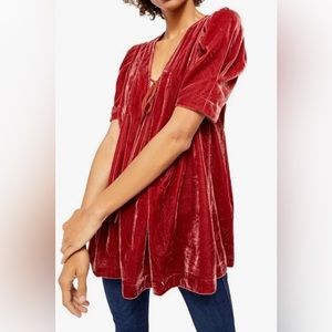Free People Womens Adelle Velvet Tunic Top Red Short Sleeve Plunge Neck Sz Sm